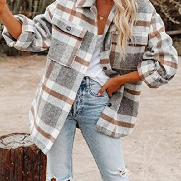Women's Flannel Plaid Shacket Long Sleeve Button Down Shirts Jacket Coats with S - Picture 3 of 5